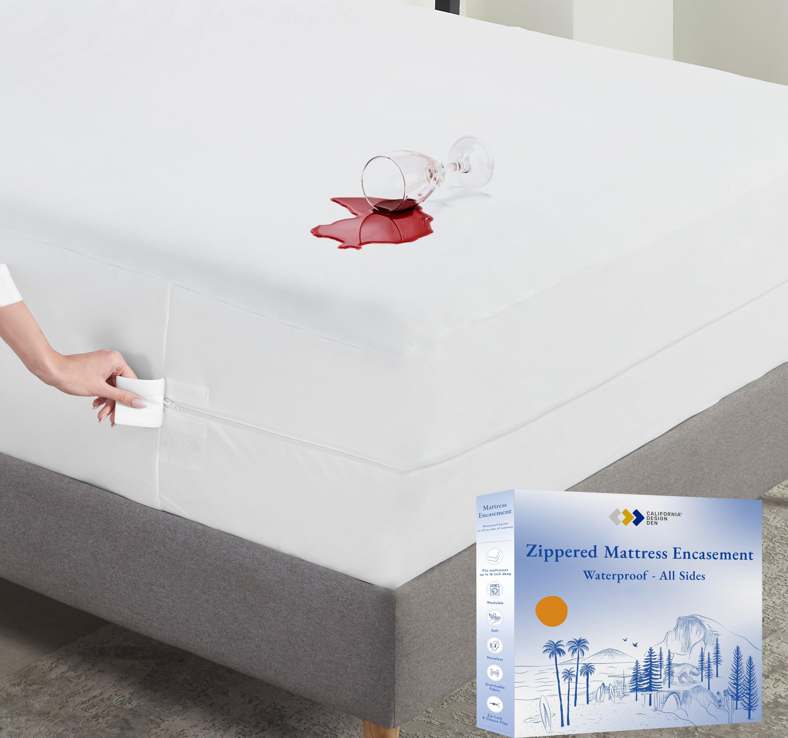 California Design Den 100% Waterproof Zippered Mattress Encasement - Mattress Cover Full Size Bed - 6 Sided Protection - Premium